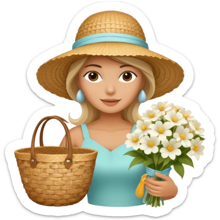 summer beautiful wicker hat, beach beige bag and bouquet of white flowers sticker