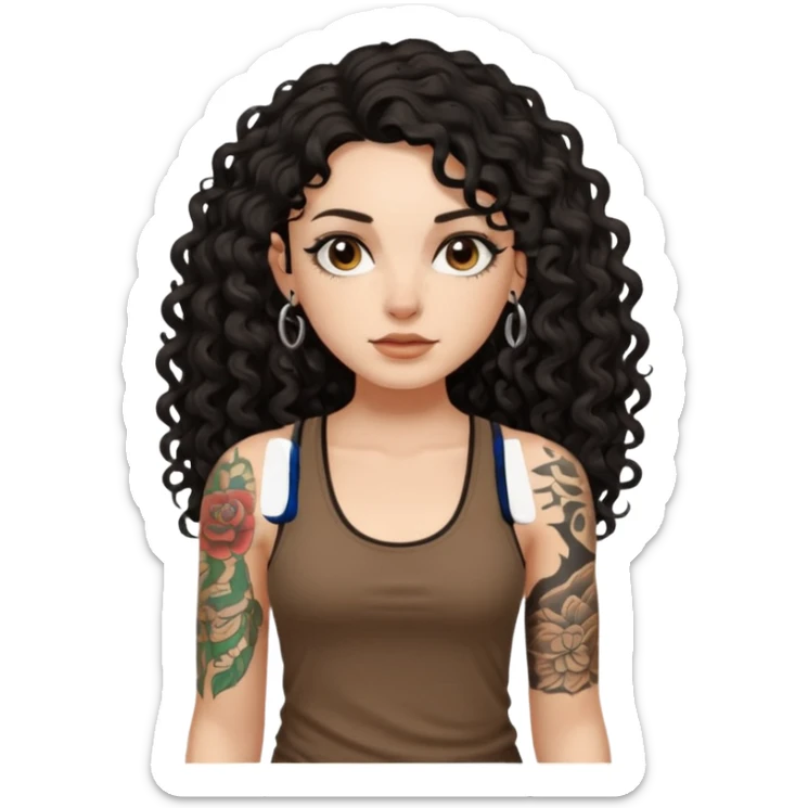 a pretty bratz fair girl with black long curly hair in a brown tank top with tattoos sticker