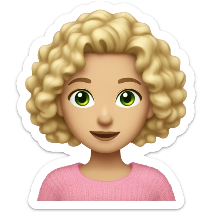 Caucasian brunette girl with curly hair and green eyes and a pink sweater blonde hair  sticker