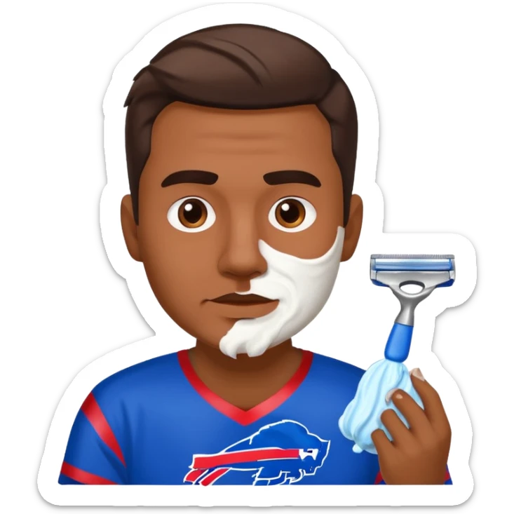 Man shaving face with razor and shaving cream with a buffalo bills shirt on sticker