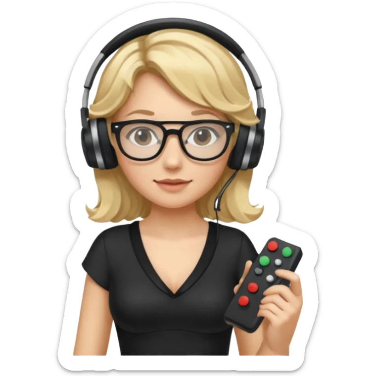 
gamer, woman with blond wavy hair, tight black dress with a white line with glasses, headphone, gamepad sticker