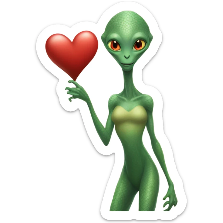 a Reptilian alien tall woman full body, holding big red heart sticker