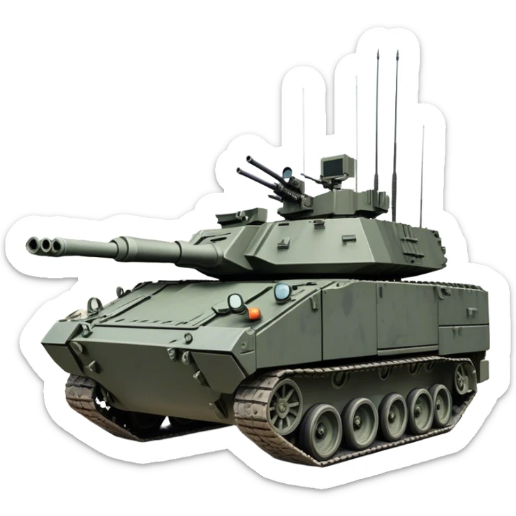 Stryker M1126 (2020) – Cinematic-realistic Stryker M1126 armored personnel carrier, its dark grey-green hull speeding down a war-torn street. The eight large wheels grip the cracked pavement as infantry hunker inside, the turret-mounted .50 cal machine gun scanning rooftops for threats under the eerie glow of distant fires. sticker