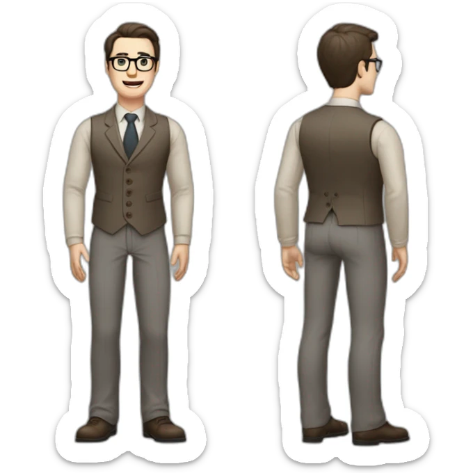 Full height Pale skinned Fit Man With dark brown hair in gray jacket, vest, tie, beige office shirt, Brown pants and vintage glasses. Thrumbs of his palms directed up sticker