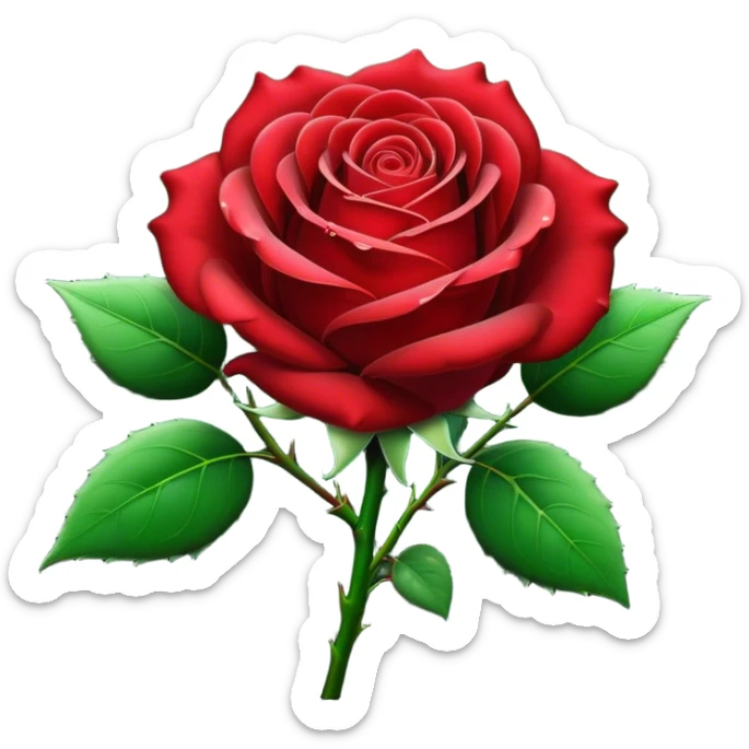 Cinematic Realistic Rose Emoji, Elegant and full of grace, with velvety, deep red petals unfurling in a perfect bloom, dew drops glistening on the soft edges, and a faint fragrance hanging in the air. The lush green leaves surround the stem, creating a vibrant contrast to the rich color of the petals. Soft glowing outline, capturing the essence of timeless beauty and romance in a single bloom. sticker