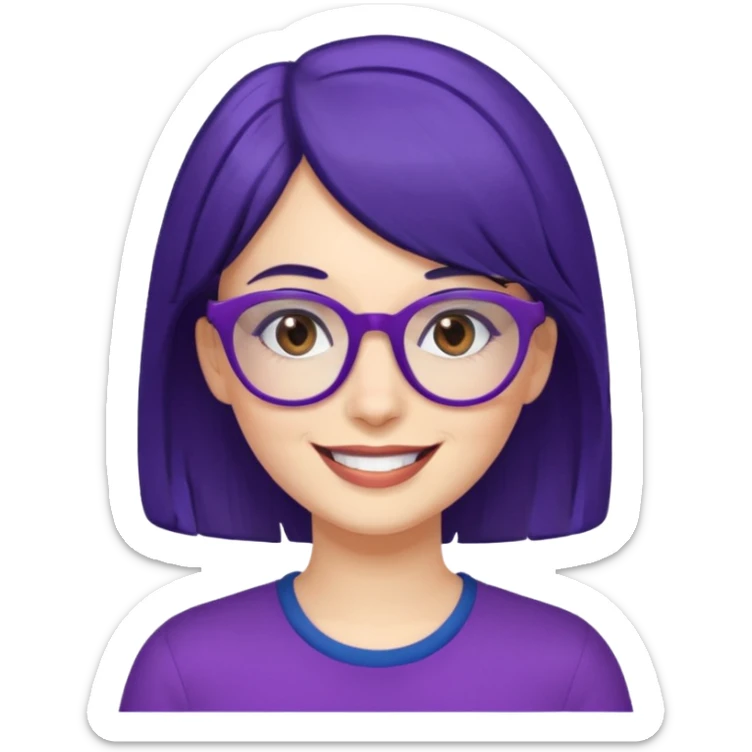 Cartoon adult woman with purple glasses, brown eyes, and dark blue medium length hair sticker