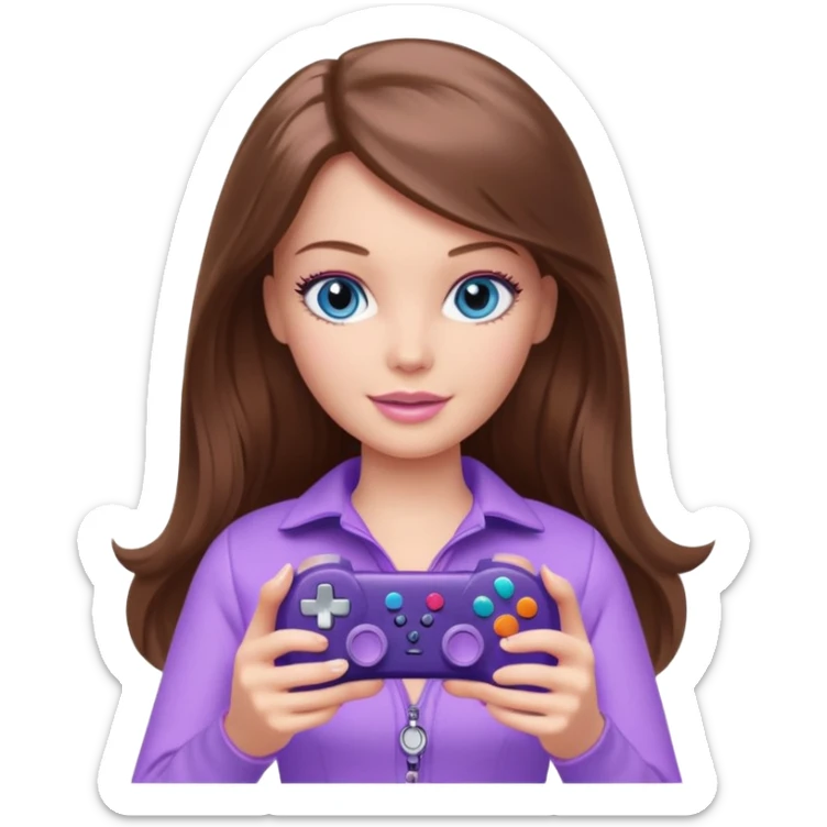 beautiful barbie girl with long brown hair, blue eyes and wearing light purple clothes playing console games with controller sticker
