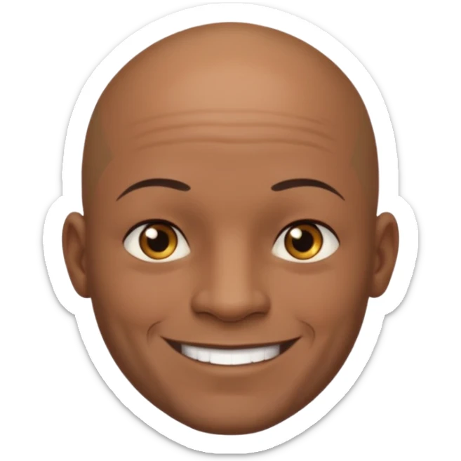 This is a cartoon-style avatar of a bald man with dark skin, golden-brown eyes, and several tattoos on his face, smiling with a lightly smile expression. sticker