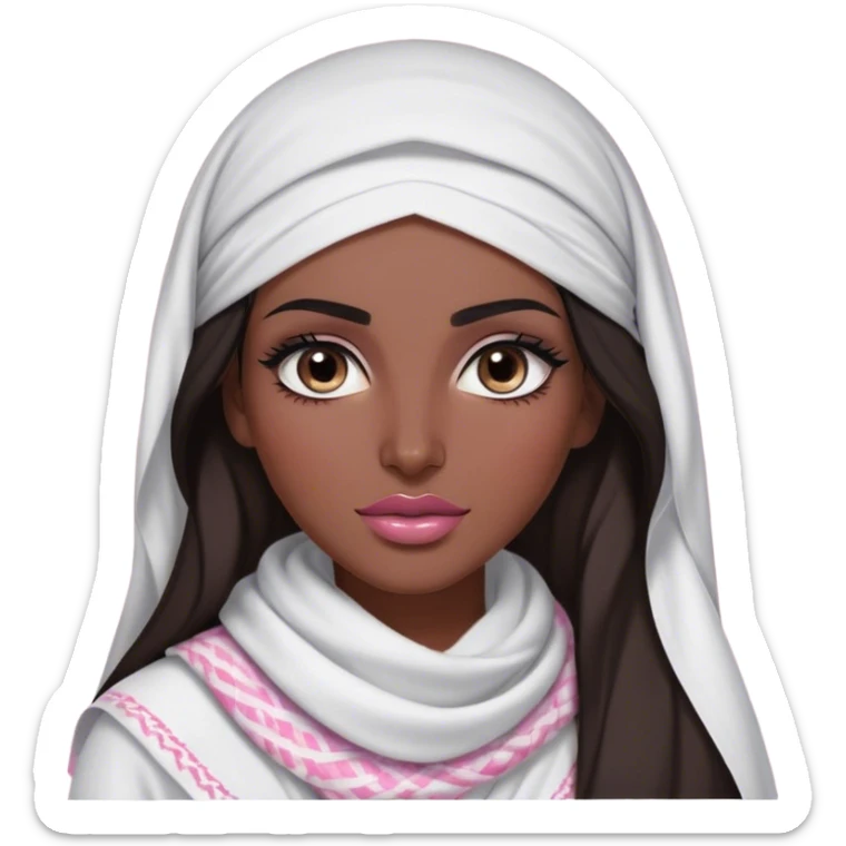 A Arab featured woman with long, dark hair wears white keffiyeh, giving her a graceful and cultural look. Her makeup is well-done, with defined eyebrows and soft pink lips, enhancing her striking features. The dim lighting and blurred background create a warm, intimate atmosphere. sticker