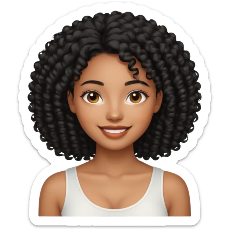 a young woman.She has voluminous, curly black hair that frames her face beautifully. Her skin tone is black light and glowing, and she has a subtle, natural makeup look. She’s smiling softly at the camera. She is wearing a white top sticker
