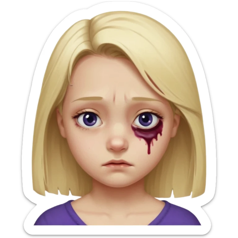 Blonde girl emoji, head and slight shoulders visible, one eye clearly bruised and swollen, dark purple-blue bruise around the entire eye socket, visible puffiness under eyelid, slightly uneven eyelids due to swelling, subtle red irritation around the eye, small wince expression like she’s in pain  sticker