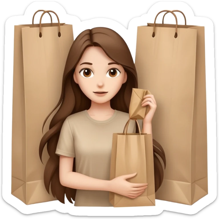 Beautiful Shopping girl long hair paper bags beige shirt sticker