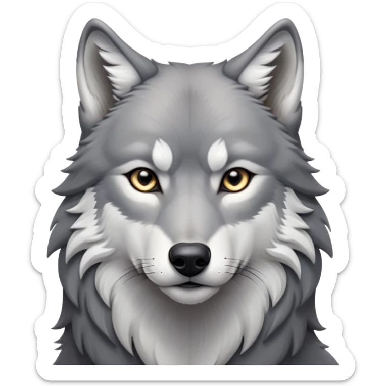 cinematic-noble-realistic-wolf-portrait-emoji,-poised-and-regal,-with-a-strong,-lean-build-and-a-sleek,-well-groomed-fur-of-grey-and-white,-deep-set-soulful-piercing-eyes,-simplified-yet-sharp-and-sophisticated-features,-highly-detailed, zoomed out showing shoulders sticker