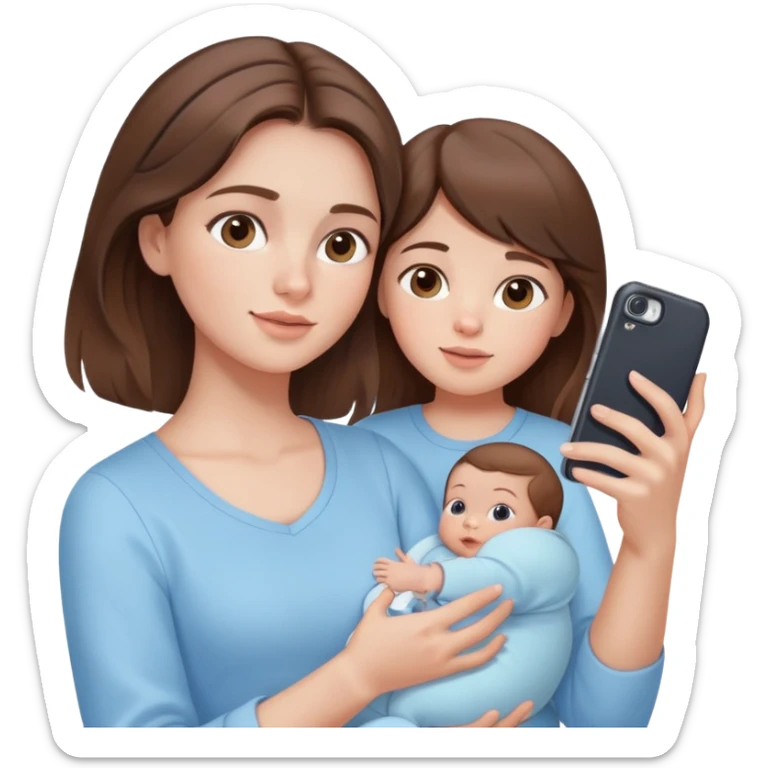 brunette girl with brown hair wearing pastel blue clothes holding a baby and taking a selfie sticker