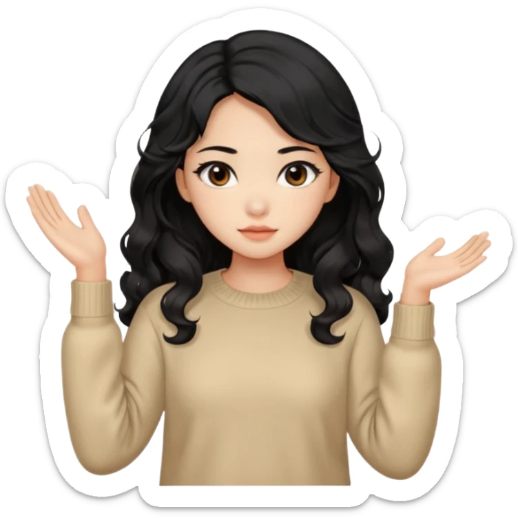 Beautiful girl,Black hair,wavy hair，long hair,Black eyes,Chinese, beige sweater  sticker