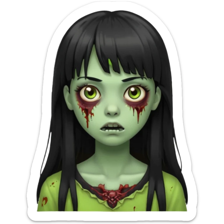 Zombie emoji girl, light green skin, black straight long hair with bangs sticker