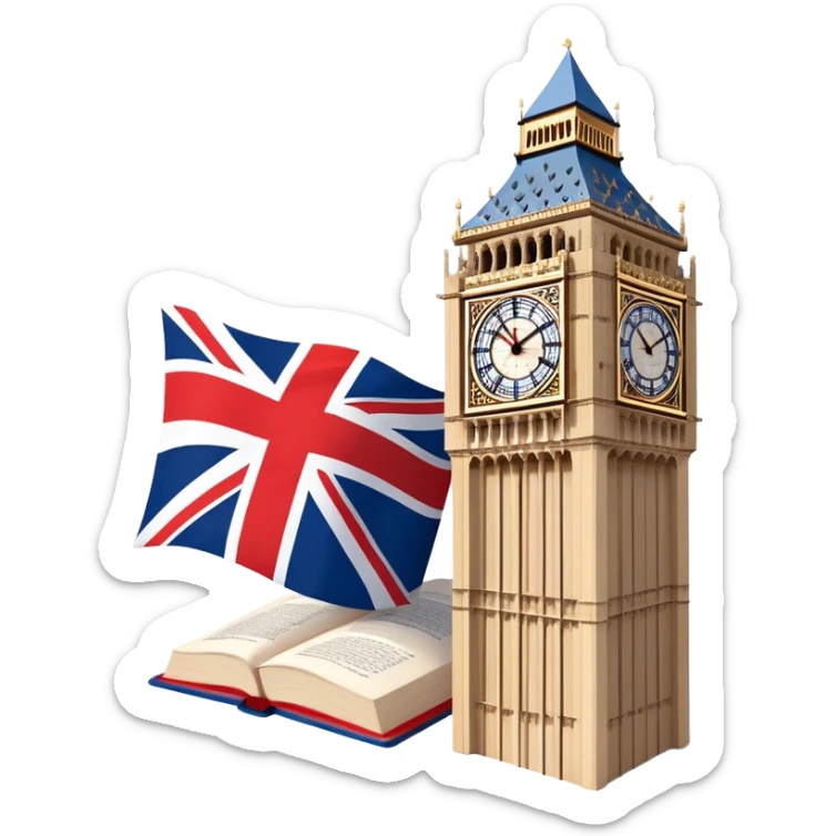 An icon featuring the Big Ben clock tower and the flag of the United Kingdom, symbolizing the English language. The design includes an open book with English words and phrases, representing language learning and cultural exploration. Transparent background  sticker