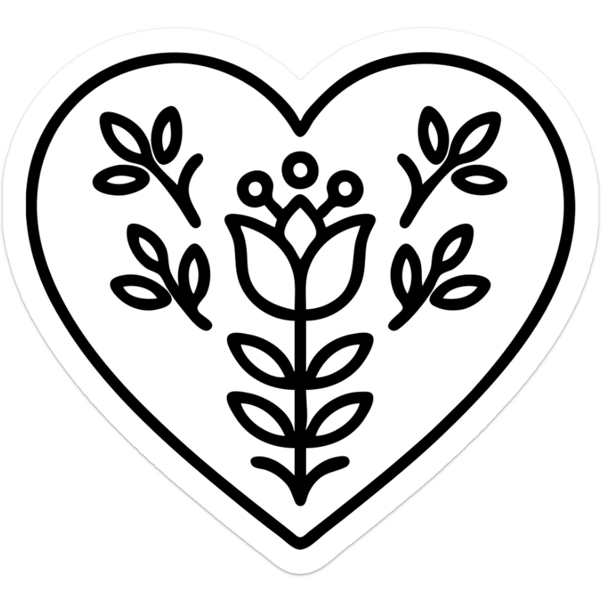 red heart with Slavic folk art nature motif, bright folk colors, simple and bold, black outline around the motif, gold border around heart, motif is clear at small size sticker