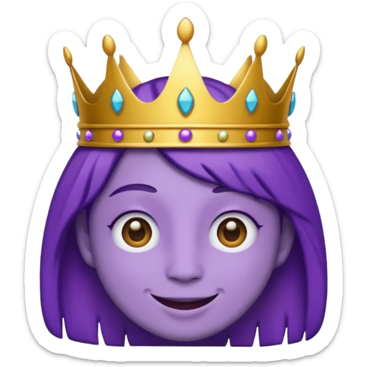 An emoji of Wemmbu, purple skinned, 2 dots for eyes. :] smile and golden crown sticker