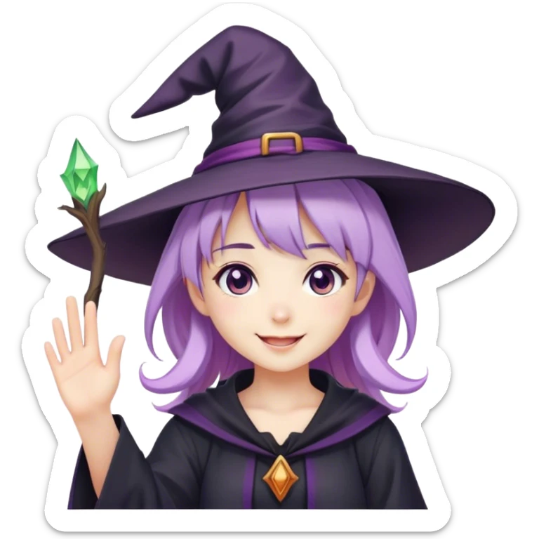 anime girl with lilac hair in a witch hat waving and smiling sticker
