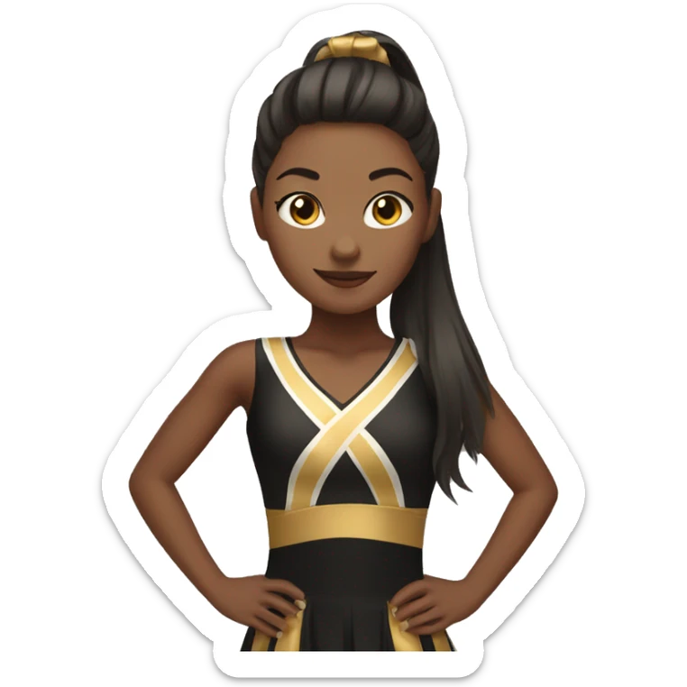 cheerleader wearing a black and golden dress and a ponytail sticker