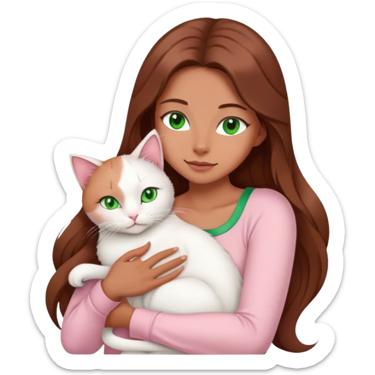 woman with very long brown hair and green eyes in a light pink outfit hugging a white cat sticker