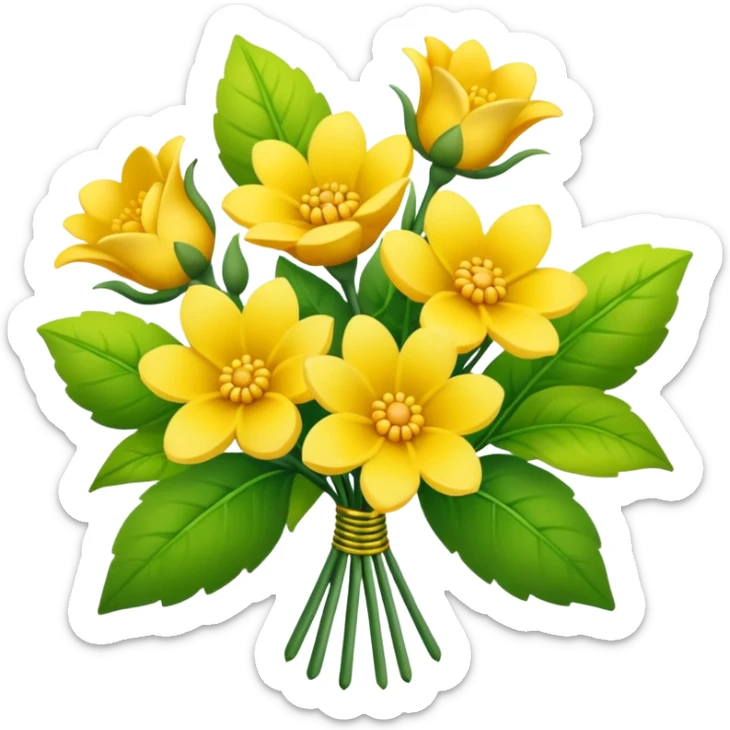 Generate a high-quality image of a bouquet of flowers dominated by yellow blooms, with a mix of green leaves, realistic colors and shading, smooth gradient colors, no human figures, no facial features, no brand markings, simple white background, high-resolution.
 sticker