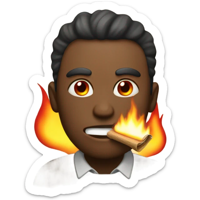 Make a man with red eyes with a brown rolled piece of paper in his mouth lit on fire   sticker