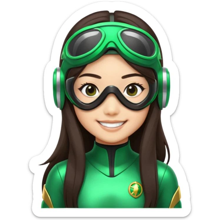 green Power Ranger, Asian girl with long straight dark brown hair, side part, big smile, scuba goggles sticker