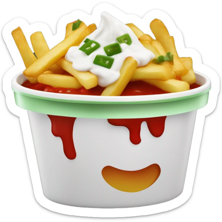 Fries with sour cream and chives on top and a sweet chilli sauce on top in a medium tub that is green and red sticker