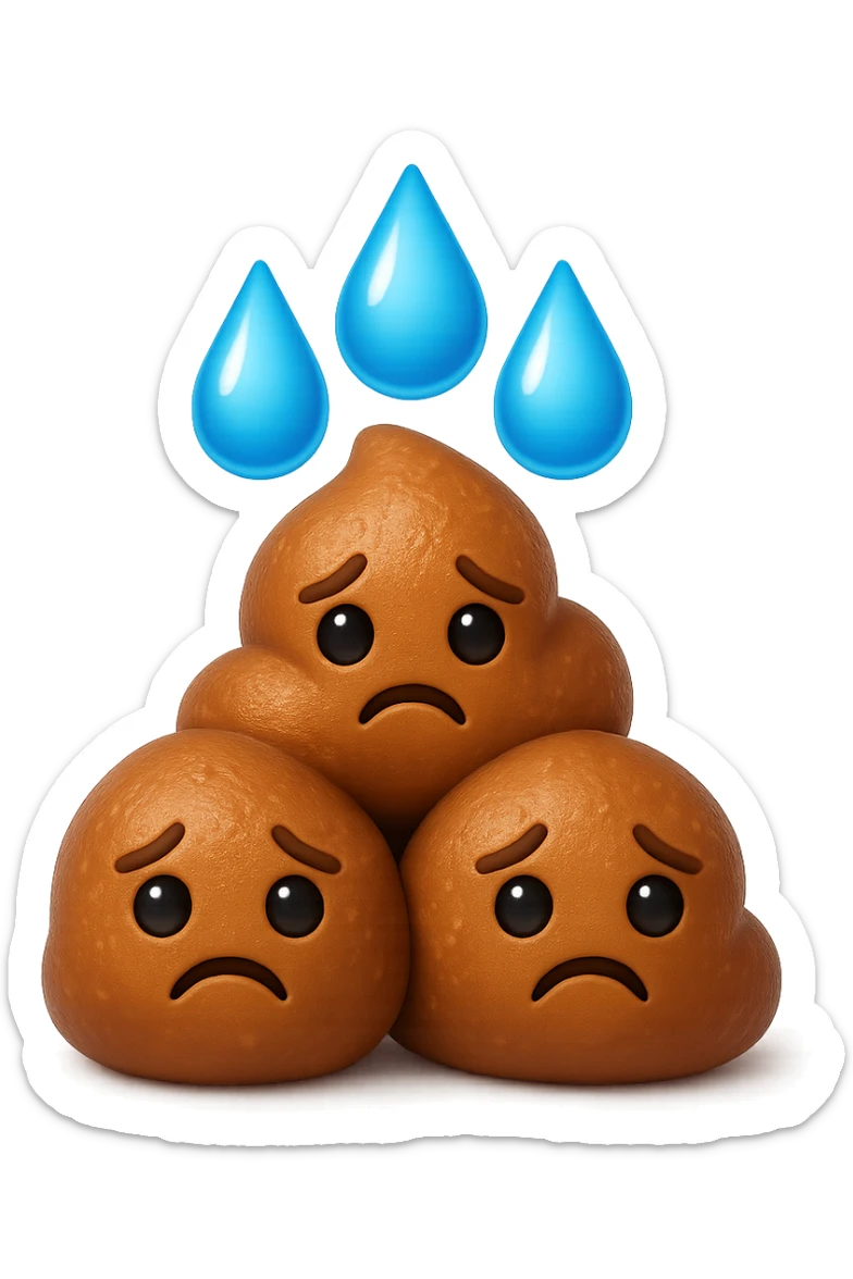 emoji stile iphone di una montagnetta di feci umane realistiche a palline tristi con sopra un simbolo delle gocce di acqua, iperrealistico 4k sticker