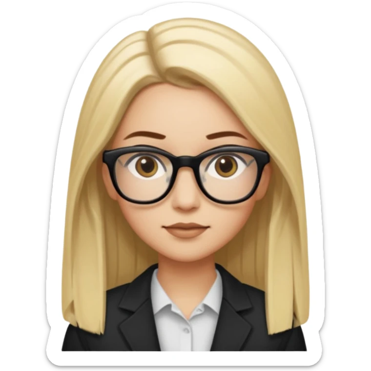 A woman with light skin tone, long straight blonde hair parted to the side, large brown eyes, wearing black-framed glasses, and a neutral expression with a slight smile. sticker