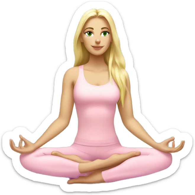 blonde long hair and green eyes yoga girl in light pink clothes sitting on a yoga mat sticker