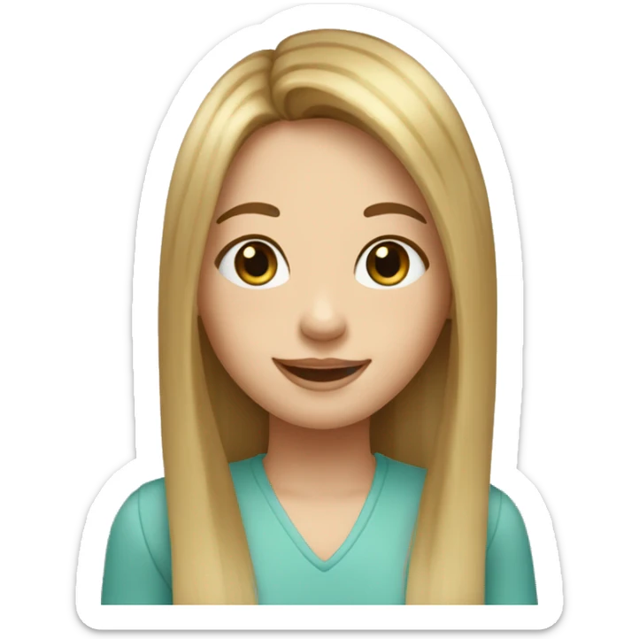 happy girl with porcelain face and FRECKLES, blue-green eyes, long straight brown hair with blonde highlights and curtain bangs sticker