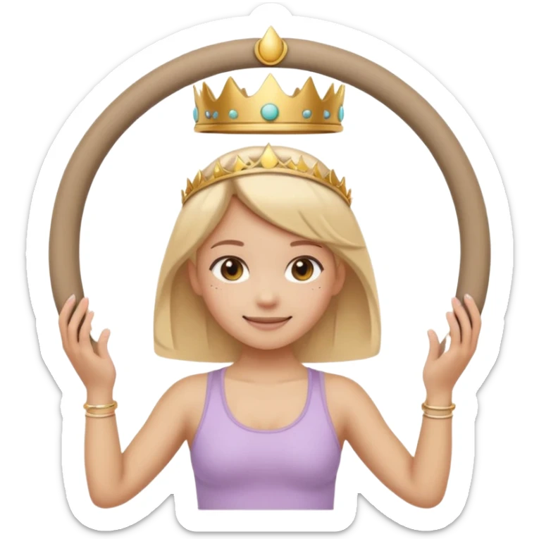 Cute emoji sticker of a girl holding a Pilates ring (magic circle) with both hands, squeezing it. She is smiling, wearing a tiny crown and beige activewear. Pastel accents, kawaii style, clean white outline, transparent background. sticker
