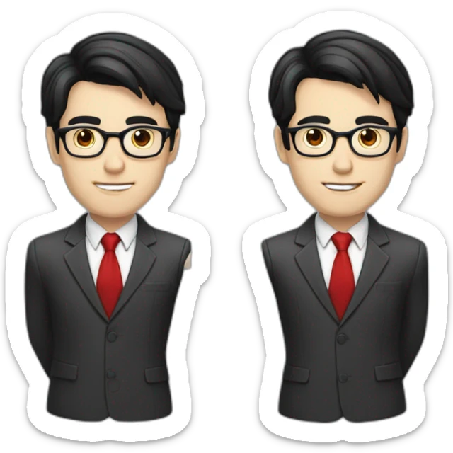 Man in a suit and red necktie with black hair, pale skin, black reading glasses, sticker