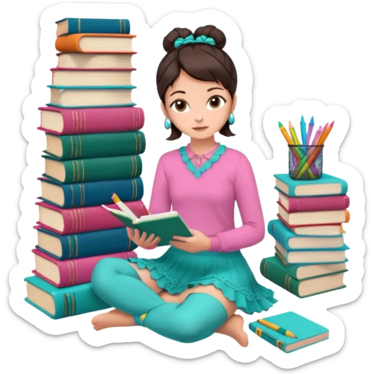 A brunette woman with straight, dark brown hair styled in two buns wears a pink long-sleeved shirt and a turquoise lace ruffled skirt. She is barefoot and holds a crayon in one hand. She sits cross-legged on the floor, which is covered with stacks of colorful notebooks. Art Deco style illustration. sticker