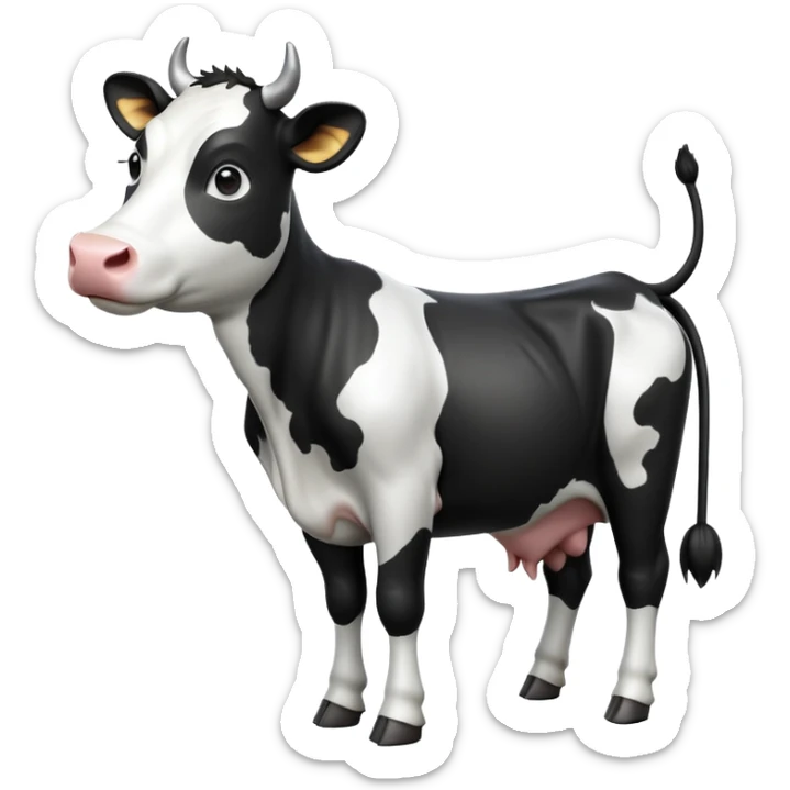 cinematic-[black and white cow]-realistic-full-body-standing-emoji,-tail-flicking-lazily,-head-tilted-dramatically,-sleek-[black and white]-coat,-simplified-yet-realistic-focused-features,-highly-detailed,-glowing-with-an-almost-sarcastic-glow sticker
