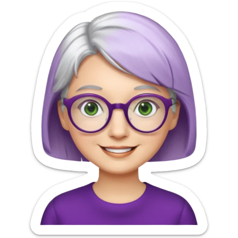 visage femme a lunettes ronde avec cheveux courts gris-blancs aux yeux verts qui souris habillé en violet sticker