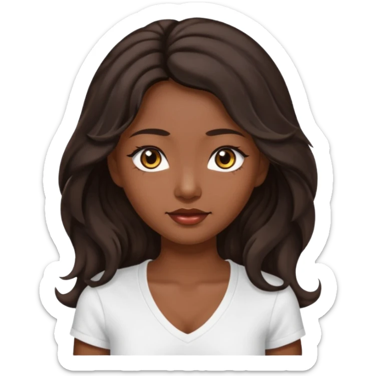 iOS style emoji A girl with very long dark brown wavy hair. And the eyes color is dark brown. And she is wearing white t shirt with V kneck. And she is 30. She is Asian with double eyelids  sticker