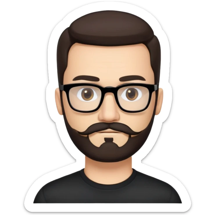 Caucasian male, long- hair straight dark brown hair combed back, thick dark eyebrows, rectangular black eyeglasses, full beard and mustache neatly groomed, neutral facial expression, wearing a black crew neck shirt. sticker