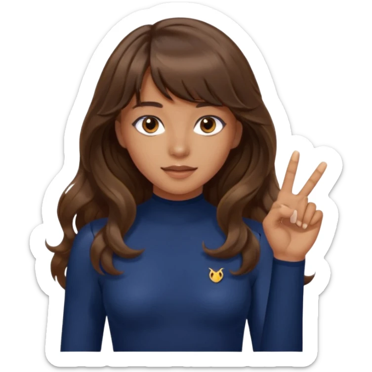 Uzun kahverengi dalgalı saçlı kahverengi gözlü esmer perçemli üzerinde lacivert parmak detaylı body olan bir kız yap saçları kabarık olmasın sticker