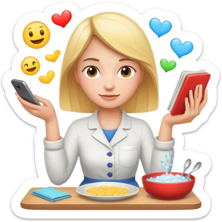 woman perfectionist with 4 arms texting a message wahsing dishes and reading a book 
more dinamic emoji  sticker