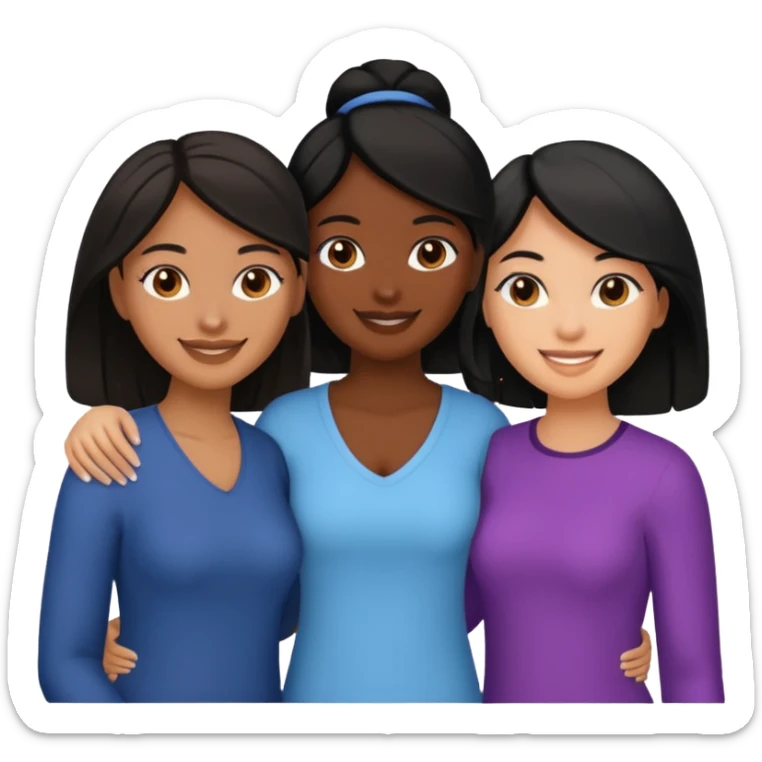 a group of 3 women, one is black, one is asian, one is indian, they all have black hair sticker