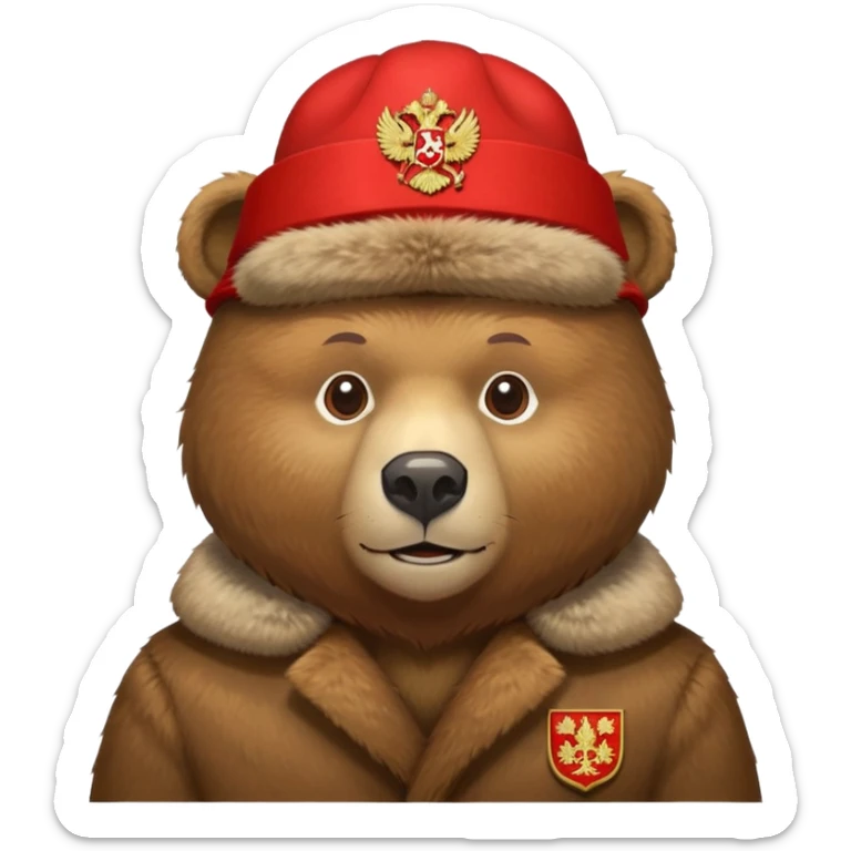 Russian brown bear wearing a red ushanka hat with Russian coat of arms emblem, front view, iOS emoji style sticker