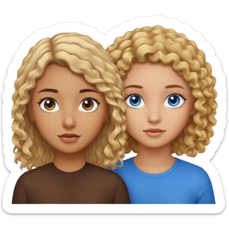 Tan girl with brown curly hair and brown eyes next to a tan girl with straight blonde hair and blue eyes sticker