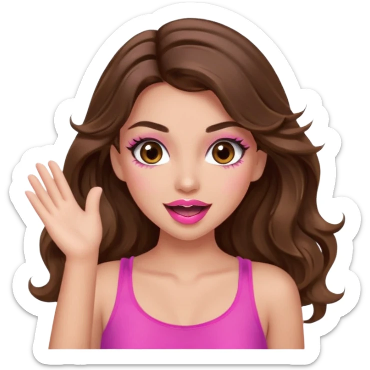 girl with long wavy brown hair, brown eyes, long lashes makeup, sexy pink lips, light to medium complexion, pink sexy top,slapping sticker