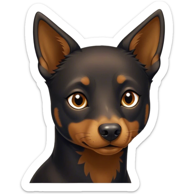 Cinematic Noble Black and Tan Kelpie Portrait Emoji, Poised and regal, with a strong, agile build and a glossy, well-groomed Fur of deep black and tan accents, piercing dark eyes, Simplified yet sharp and sophisticated features, highly detailed, glowing with a soft, dignified glow, high shine, intelligent and energetic, stylized with an air of determination, focused and attentive, soft glowing outline, capturing the essence of a watchful and confident herder, so majestic it feels as though it could bound out of the screen with effortless authority! sticker