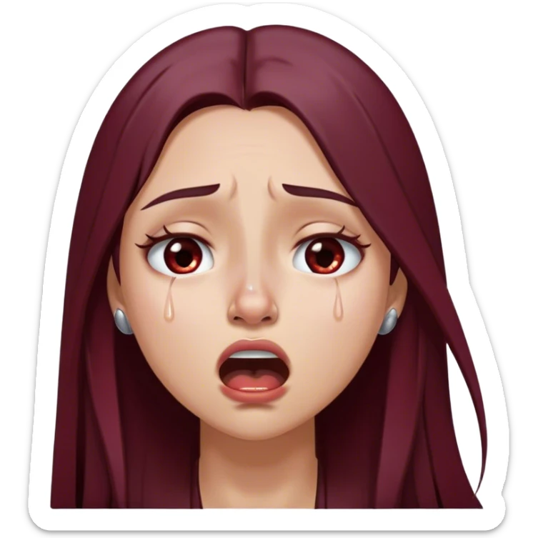 emoji of girl crying hysterically with tears dripping down eyes with maroon dark long hair in a middle part with straight nose hazel eyes medium perfect eye brows with  a nose ring silver on the right nostril  sticker