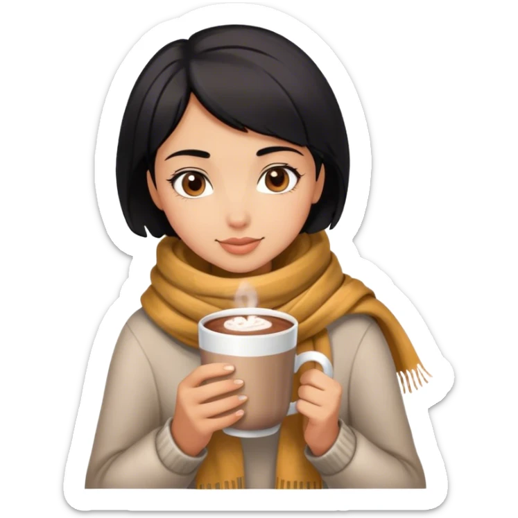 A girl with short black hair wearing a scarf and holding a cup of hot chocolate.  sticker